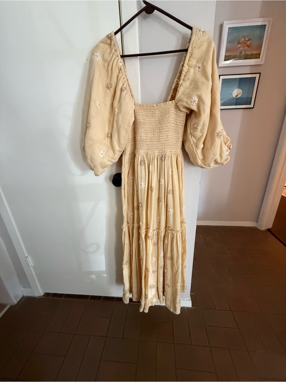 Free People Smocked Maxi Dress with Puff Sleeves - Light yellow